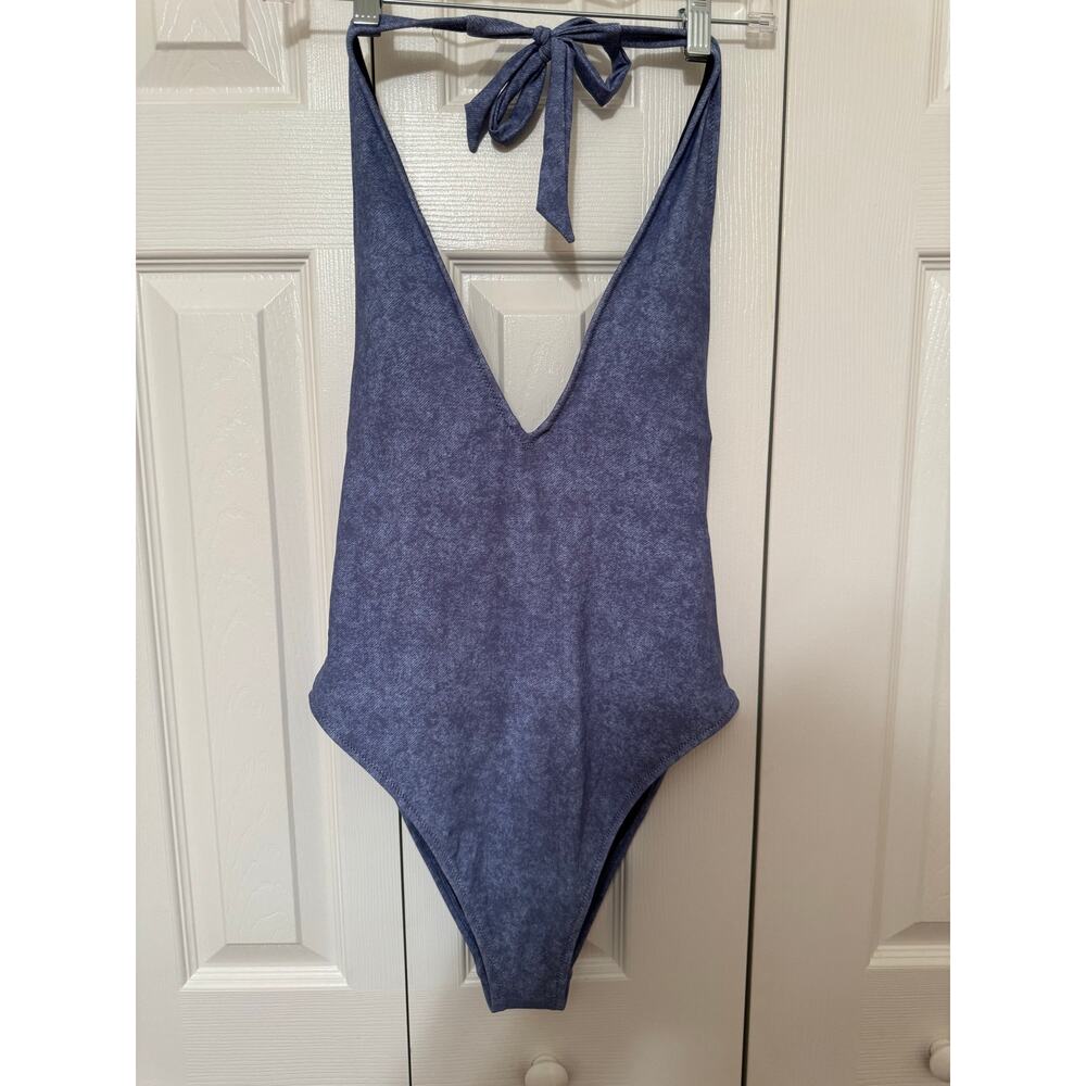 AERIE denim one piece halter swimsuit Medium Long Womens Swim Pool